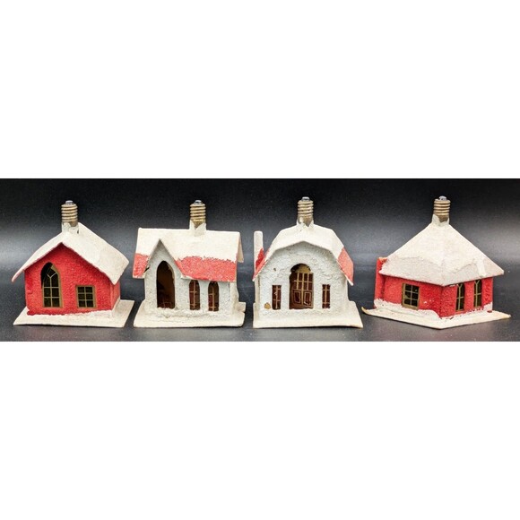 4 Vintage Lighted Putz Micah Cardboard Christmas Village Houses Nippon Japan
